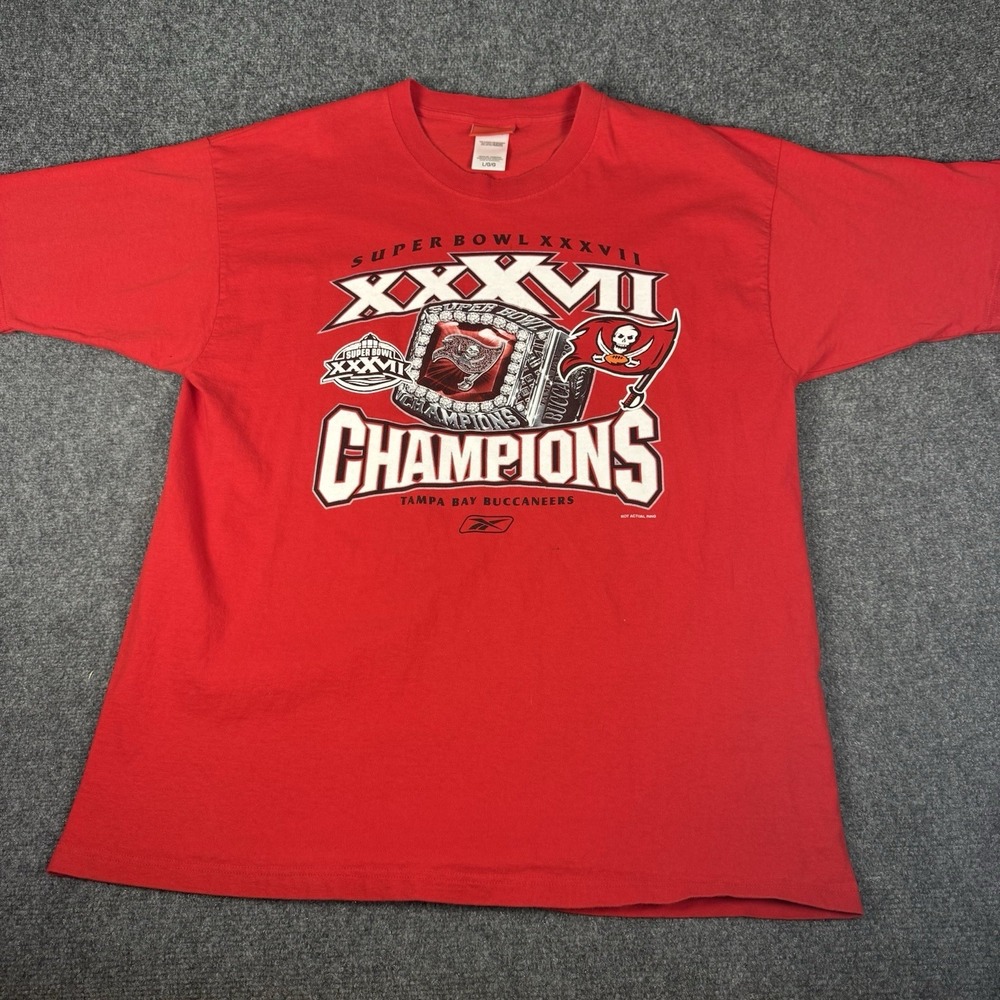 Tampa Bay Buccaneers Super Bowl 37 Champions Tee Mens Large Red NFL Vintage Ring